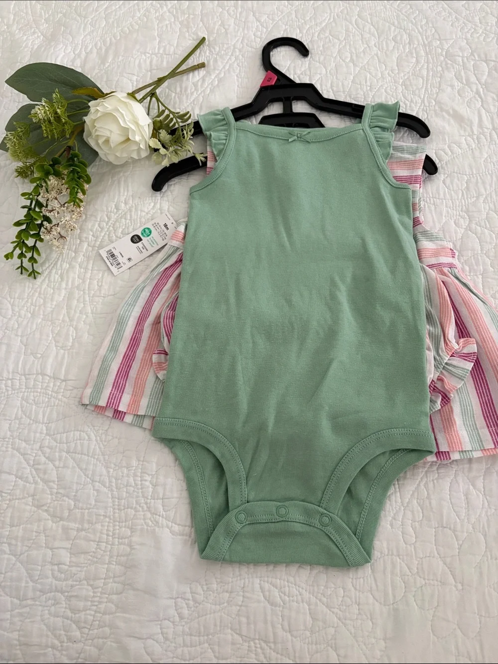 Carter's Pink, Green & White Striped Dress-Style top, shorts and onesie